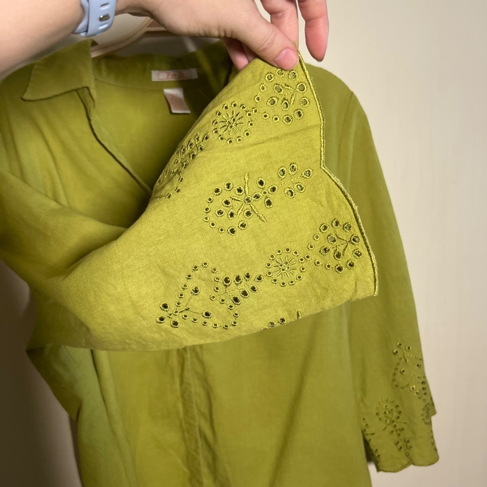 ZOE D. Women's Linen Blend Button Up M Lime Green Embroidered Crochet Resort - Picture 4 of 5